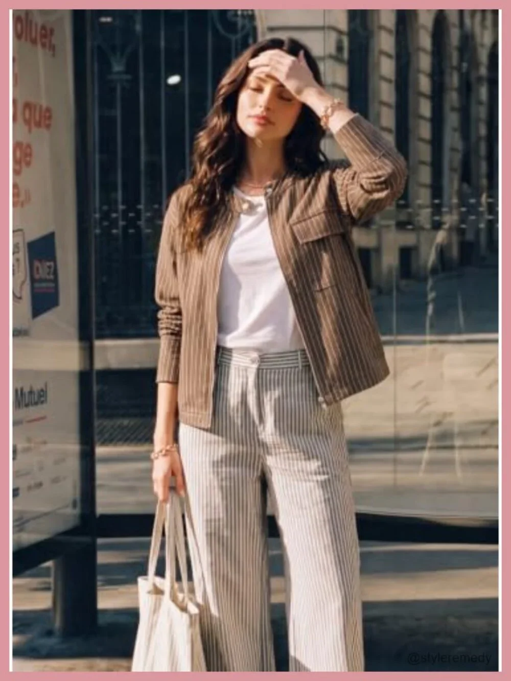 Striped Denim Jacket Zipper Button Casual Loose Fit Cotton Blend